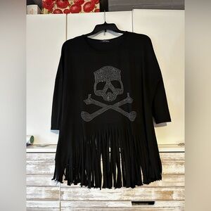 💀 Camisa Black Rhinestone Skull Fringe Tunic Top XL Goth Boho